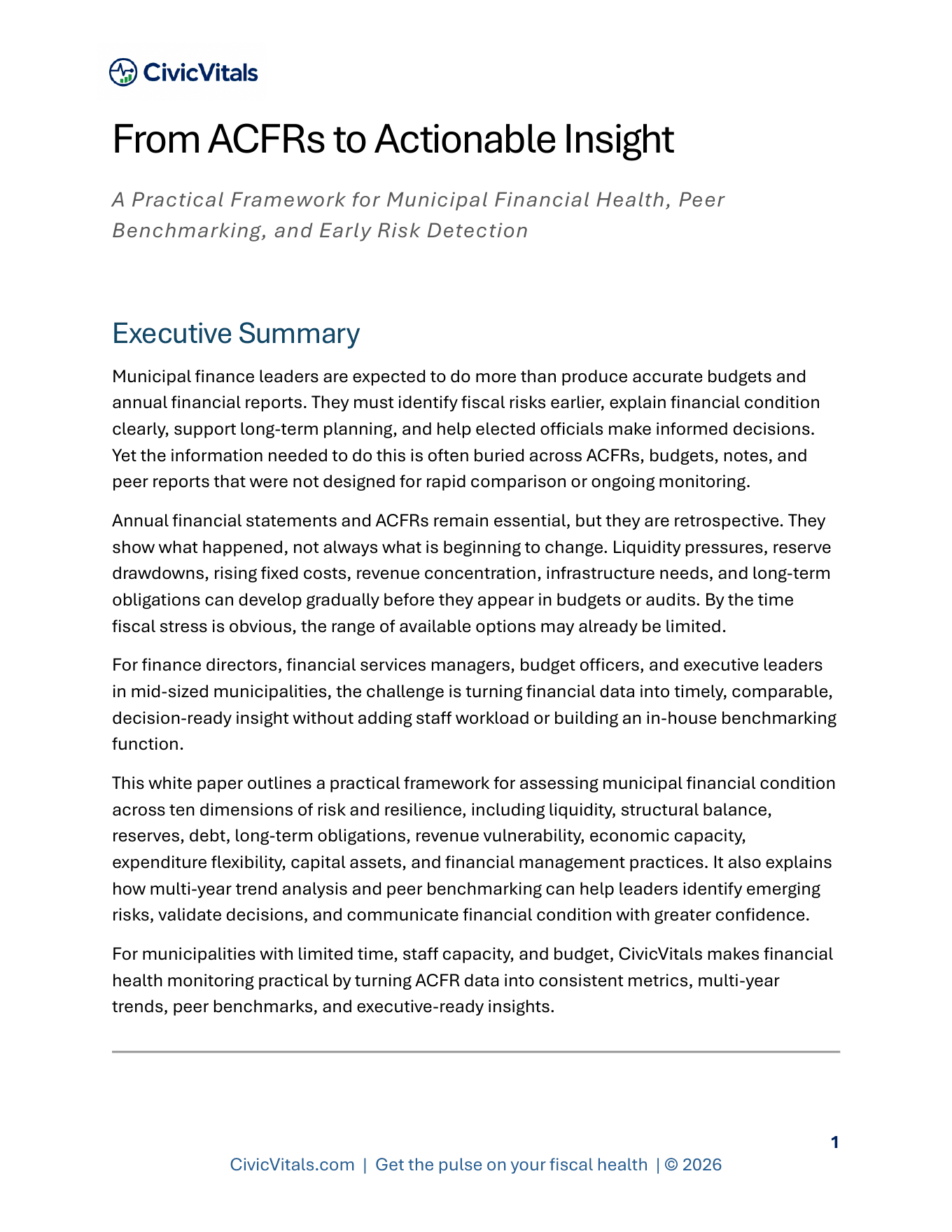 First page of the CivicVitals white paper, From ACFRs to Actionable Insight